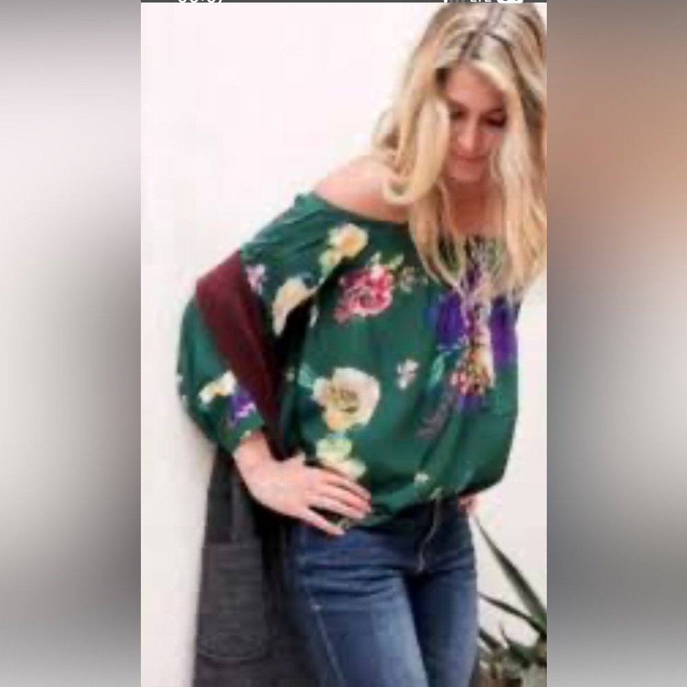 Anthropology Maeve Silk Floral Off-Shoulder Green Blouse oversized XS